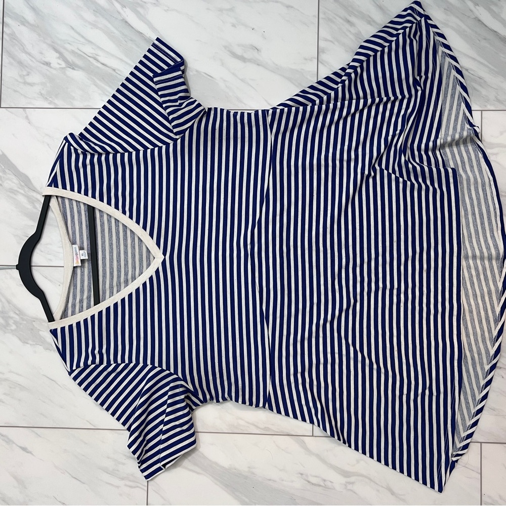 LuLaRoe Navy and White Striped V-Neck Tee